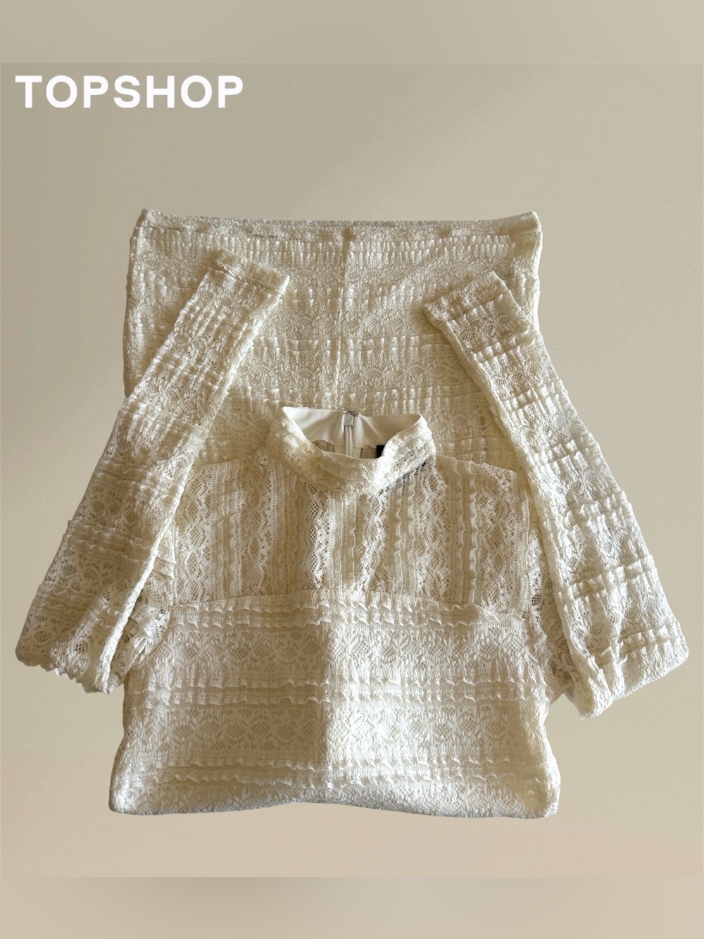 🛍️SALE🛍️ Topshop Cream Lace High-Neck Mini Dress - Picture 4 of 8